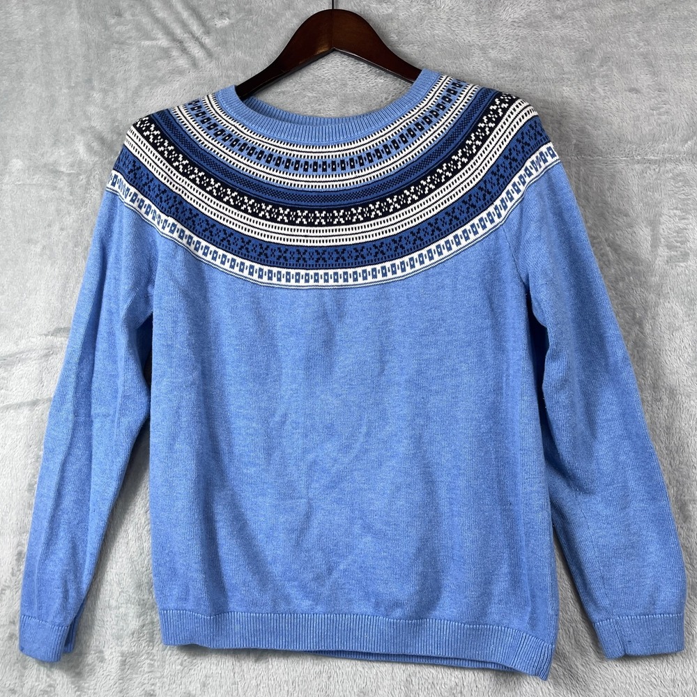 Talbots Womens L Blue Fair Isle Yoke Sweater Cotton Rayon Nylon Cashmere EUC
